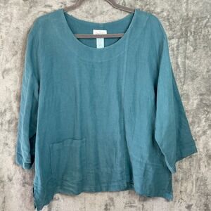 Mosaic Tunic Top Womens XL Blue Linen Pocket Boxy Lagenlook Beachy Closet Staple